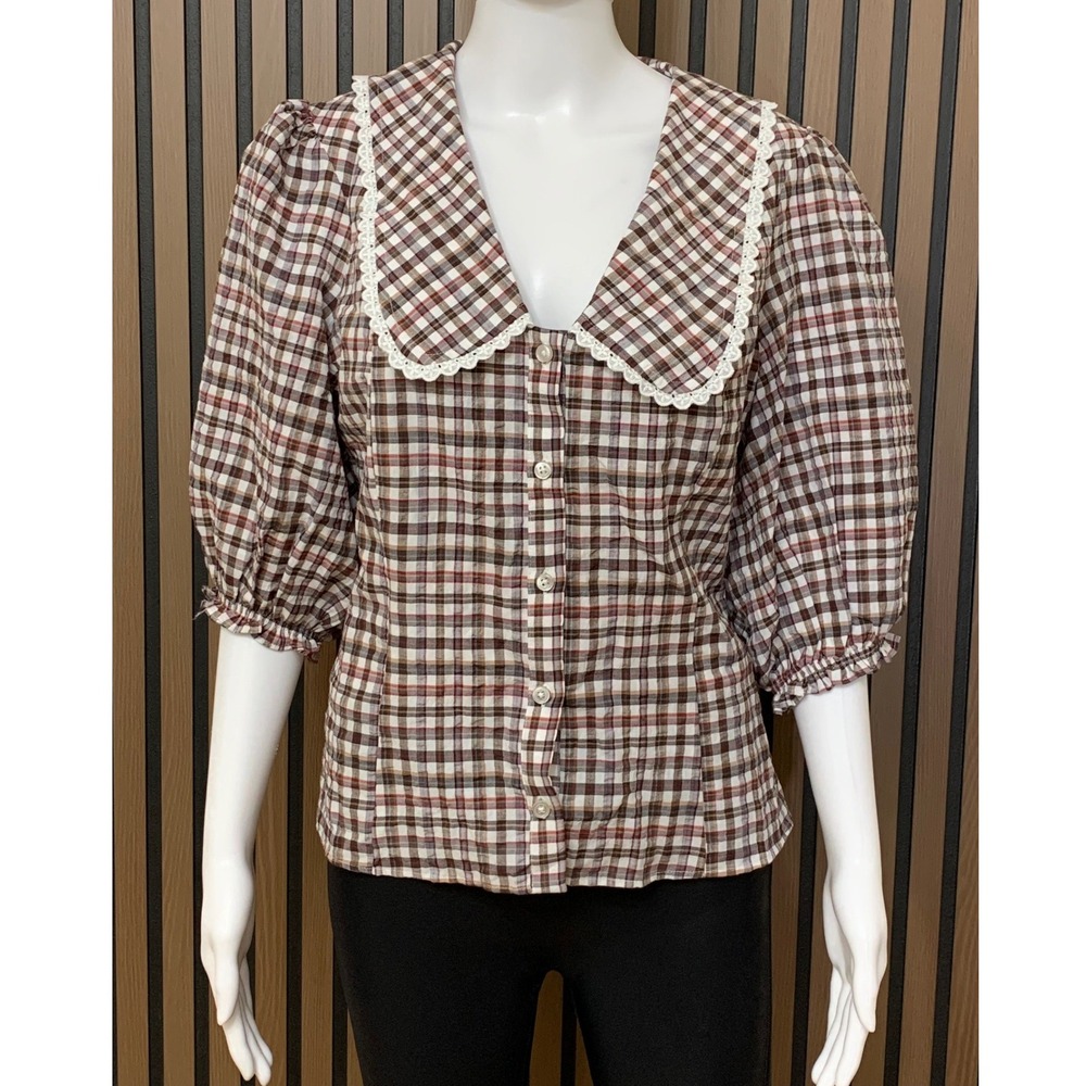 Maeve Anthropologie Plaid Lace Trim Peter Pan Collar Puff Sleeve Blouse Brown M